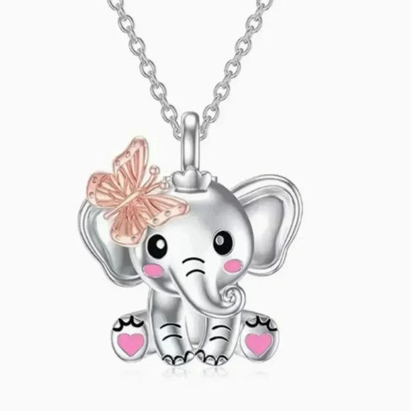 Cute Elephant & Pink Butterfly Unique Exquisite Animal Pendant Charm Necklace - Picture 2 of 4